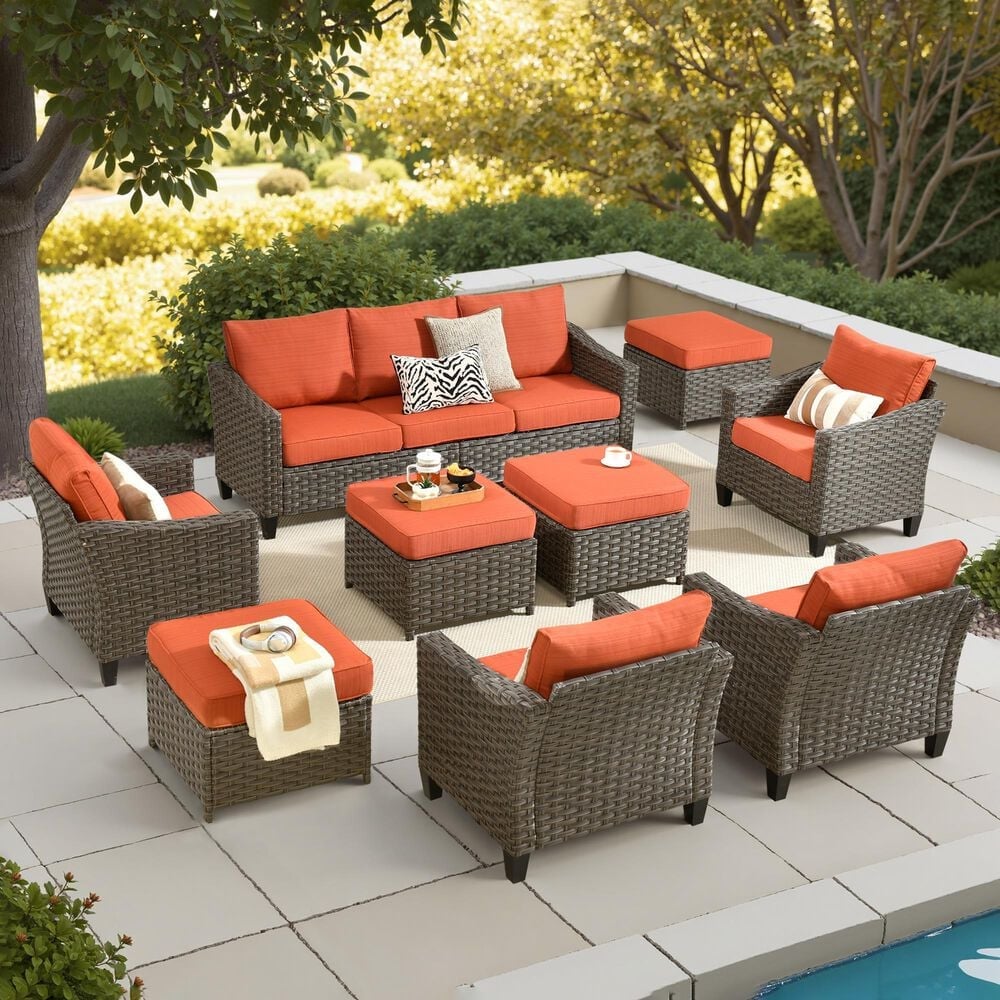 HOMLUX 9-Piece Outdoor Wicker Conversation Set in Orange Red, , large