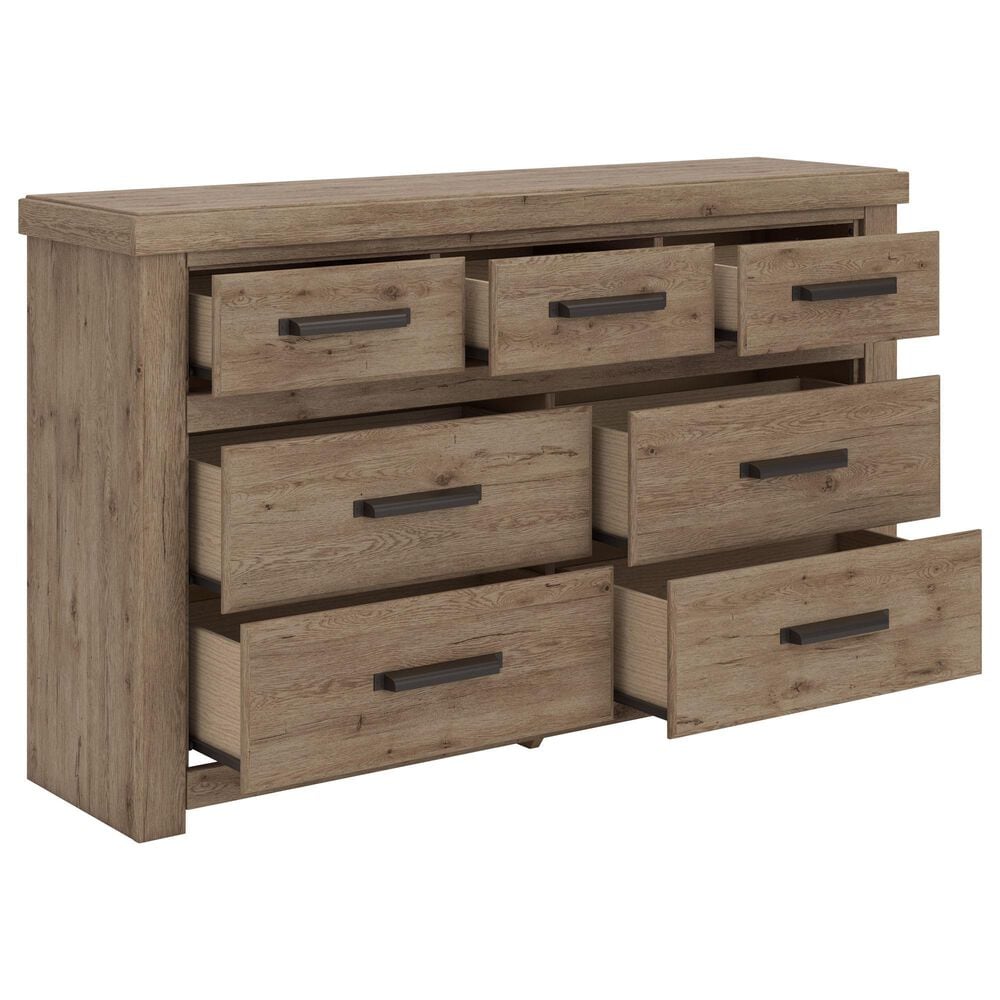 Ashley Oliandon King Panel Bed Dresser Chest and 2 Nightstands in Light Brown, , large