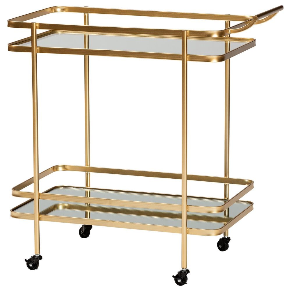 Baxton Studio Destin 2-Tier Mobile Wine Bar Cart in Brushed Gold and Clear, , large