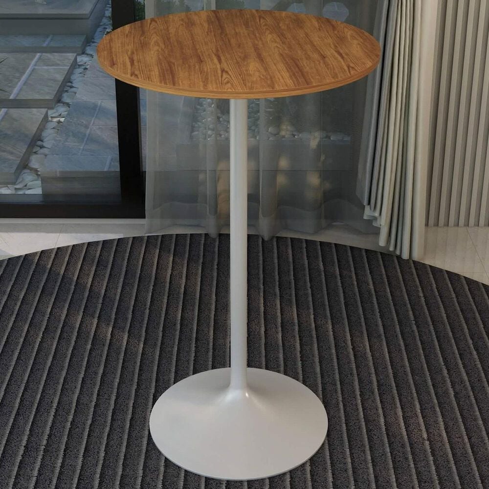 Leisuremod LeisureMod Verve Collection Modern Bar Height Table White Base with 27 Round Cognac Brown MDF Top, , large
