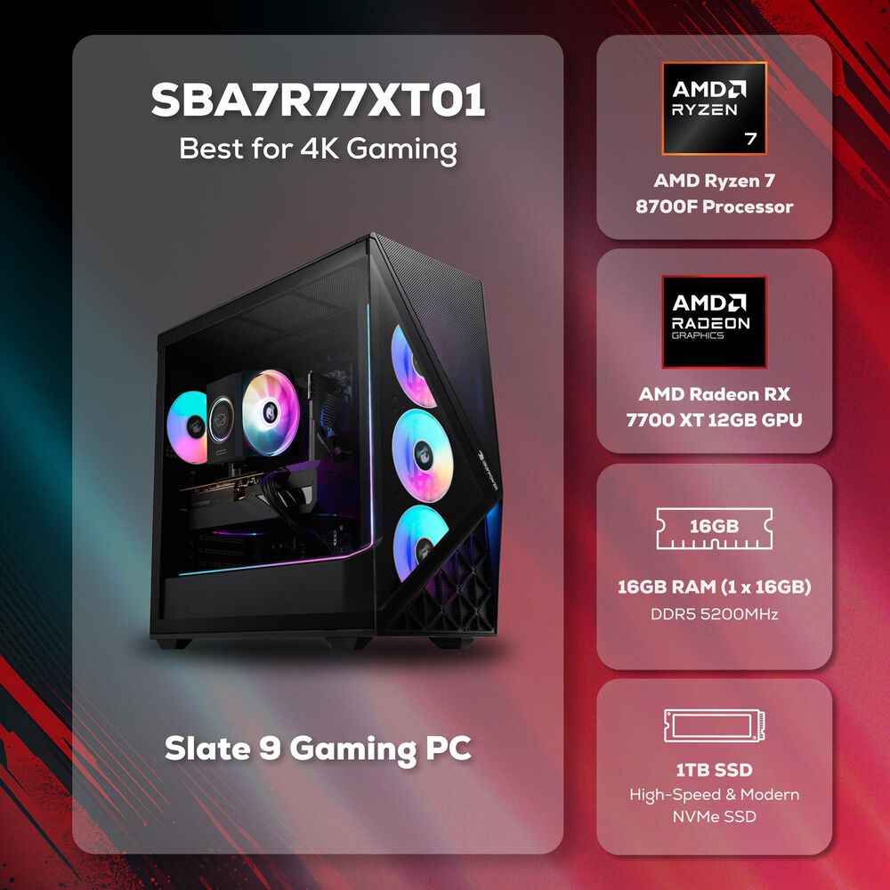 iBUYPOWER Slate Gaming PC Desktop | AMD Ryzen 7 8700F - 16GB RAM - AMD Radeon RX 7700 XT Graphic - 1TB SSD in Black, , large