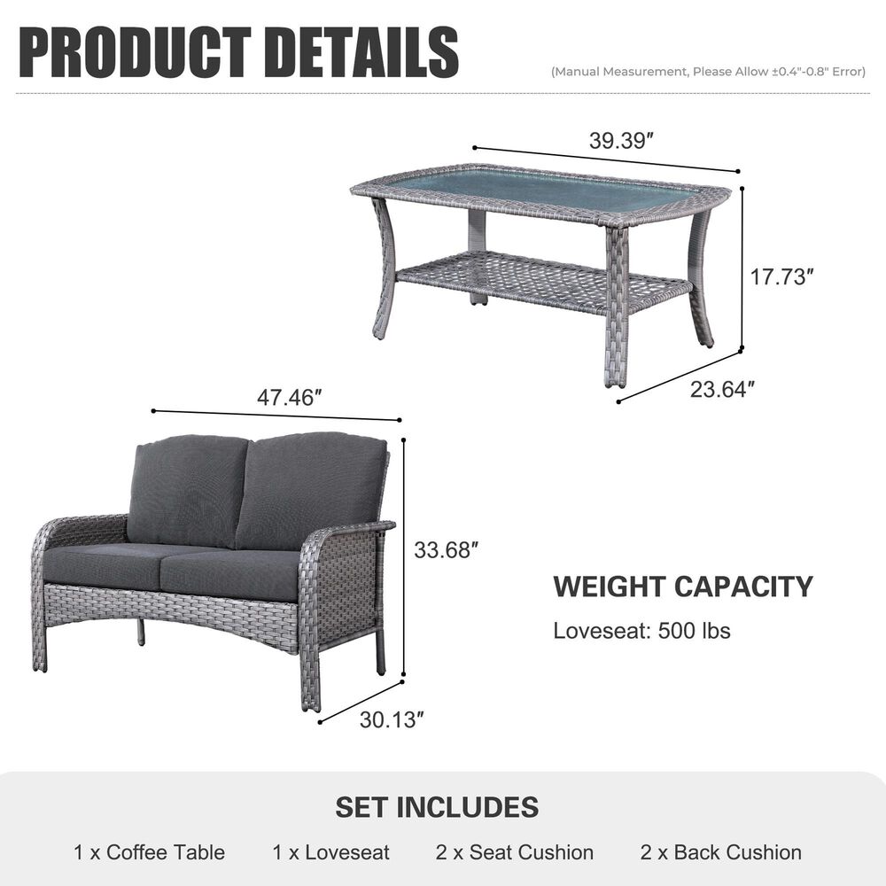 HOMLUX 2-Piece Patio Loveseat and Coffee Table Set in Black, , large