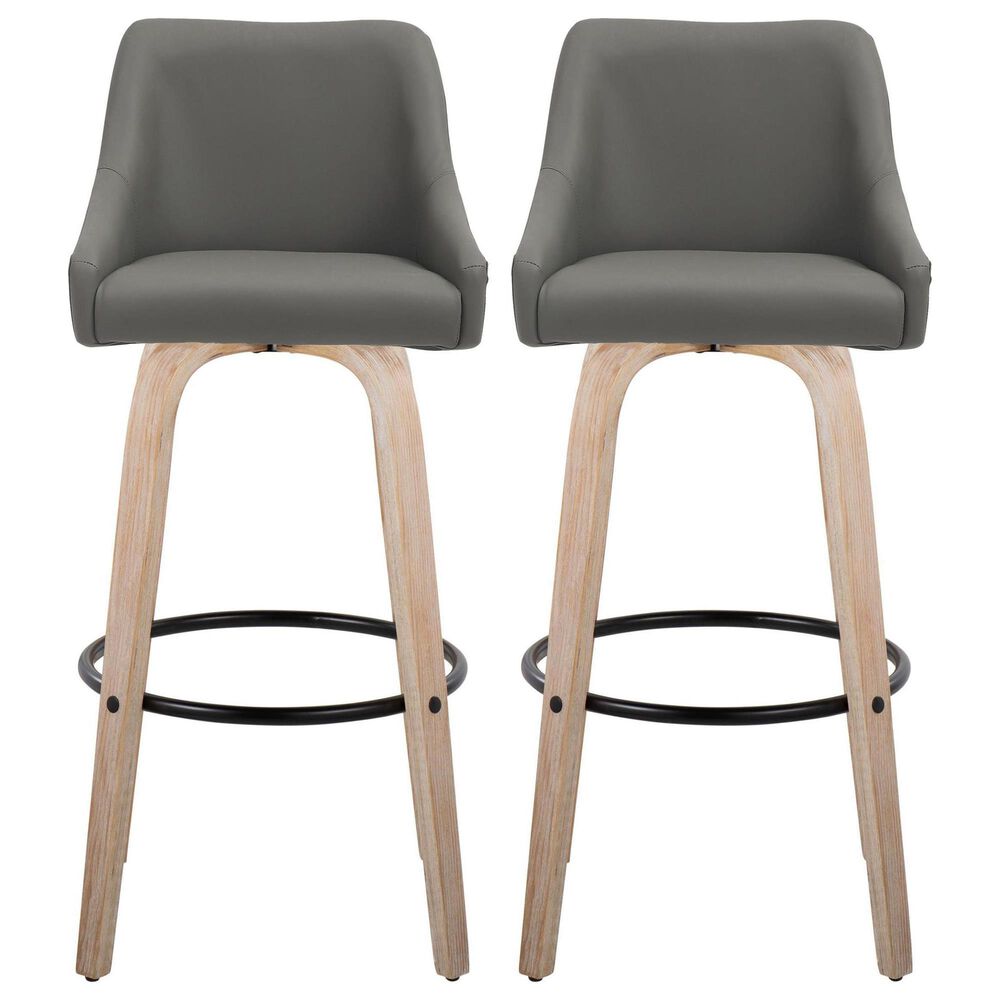 LumiSource Hannah Swivel Bar Stool with Dark Grey Faux Leather Upholstery in Whitewashed and Black (Set of 2), , large