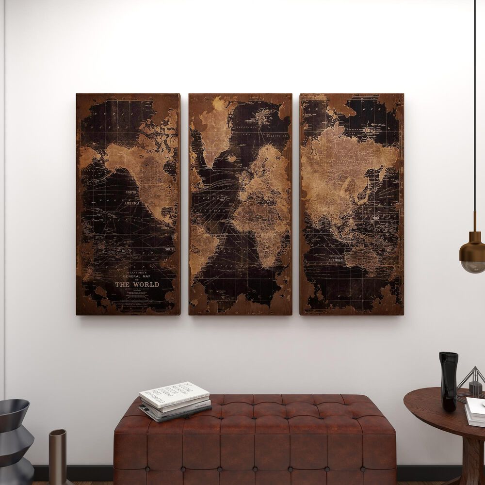 Maple and Jade 47&quot; x 22&quot; Vintage World Map Wall Decor in Black, Beige and Brown, , large