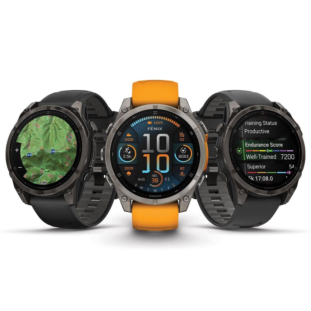 Garmin Fenix 8 Sapphire AMOLED Smartwatch 51mm Titanium Case with Spark Orange and Graphite Silicone Band, , large