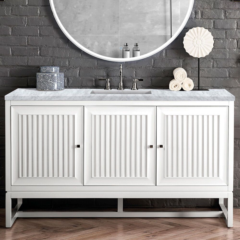 James Martin Vanities Athens 60&quot; Single Bathroom Vanity in Glossy White with 3 cm Carrara White Marble Top and Rectangular Sink, , large