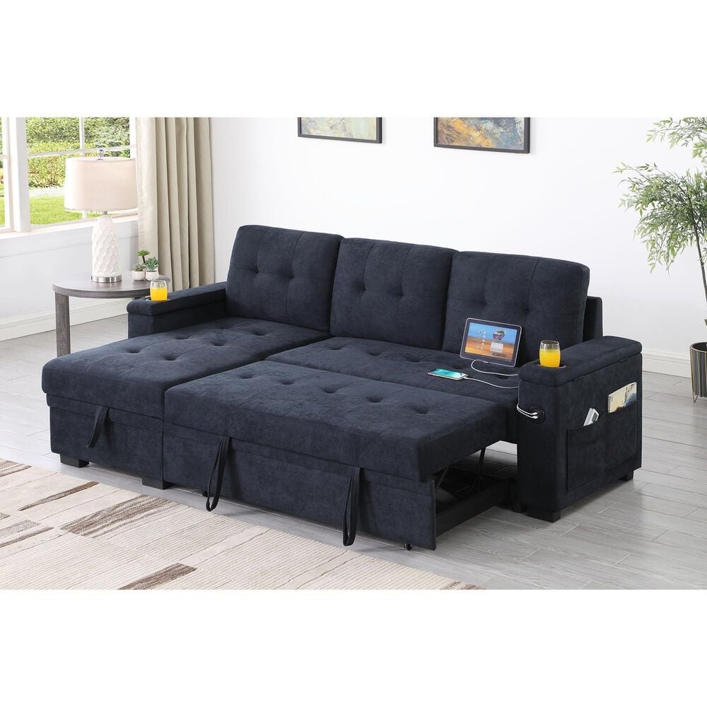 HOMLUX 84"W Reversible Sleeper Sectional Sofa with Storage Chaise, Cup Holders, USB, in Dark Grey, , large