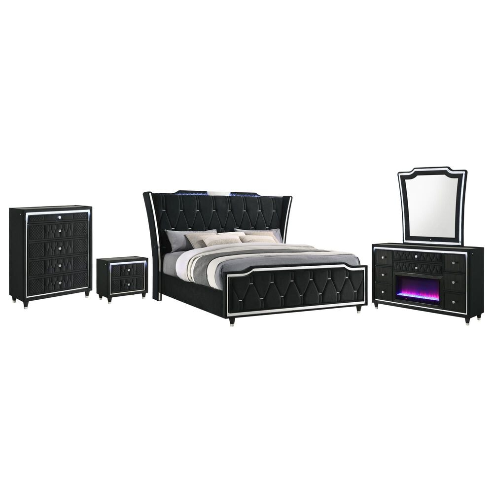 Pacific Landing Lorient 5 Piece King Wingback Bedroom Set with Flame Effect in Black Velvet, , large