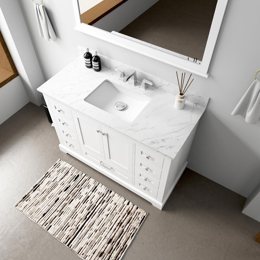 Lexora Home Dukes 48" Single Bathroom Vanity in White with 2 cm White Carrara Marble Top and Rectangular Sink, , large