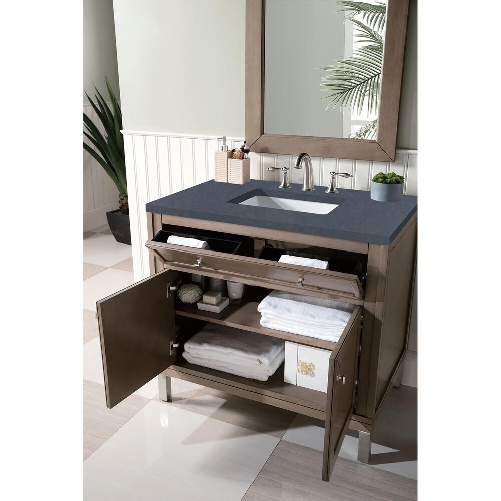 James Martin Vanities Chicago 36&quot; Single Bathroom Vanity in Whitewashed Walnut with 3 cm Charcoal Soapstone Quartz Top and Rectangular Sink, , large
