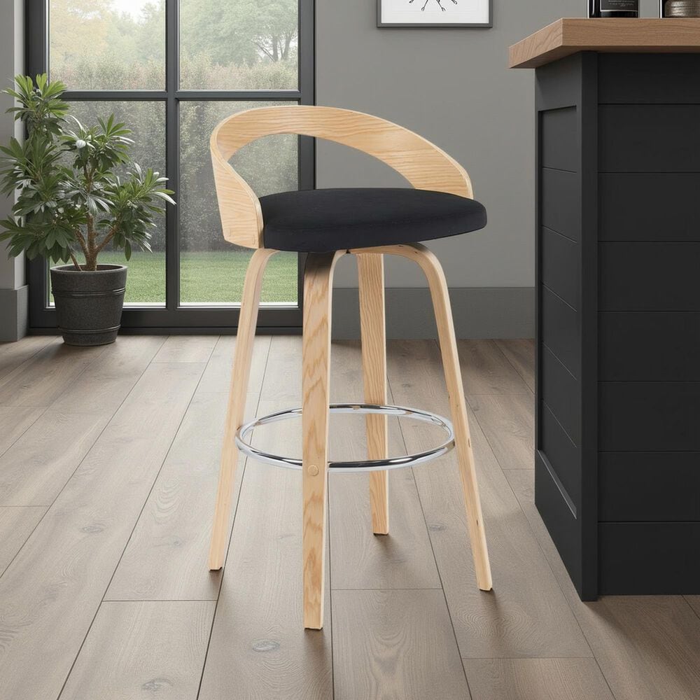 Armen Living Sonia Swivel Bar Height Stool with Black Upholstery in Oak, , large