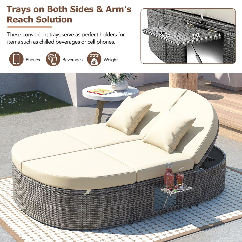 HOMLUX 2-Person Outdoor Daybed with Adjustable Backrests and Foldable Cup Trays in Beige, , large