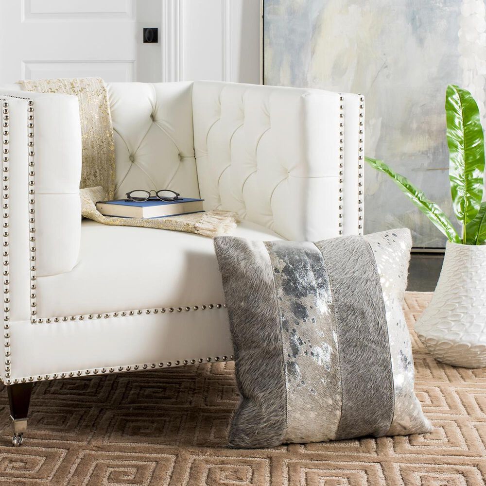 Safavieh Blair 20&quot; Metallic Cowhide Square Pillow in Grey/Silver, , large