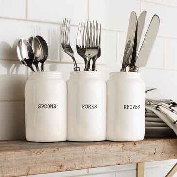 Mud Pie 9" x 5" Triple Ceramic Jar Utensil Holder in White, , large