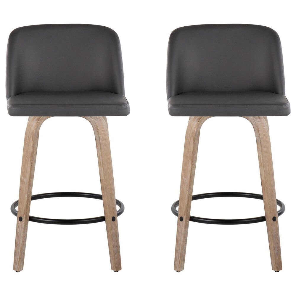 LumiSource Toriano Swivel Counter Stool with Grey Faux Leather Upholstery in Whitewashed and Black (Set of 2), , large