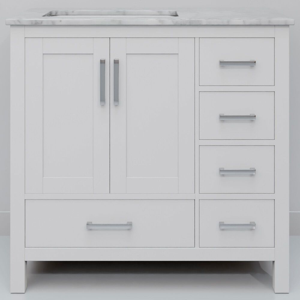 Lexora Home Jacques 36&quot; Left Offset Single Bathroom Vanity in White with 2 cm White Carrara Marble Top and Rectangular Sink, , large