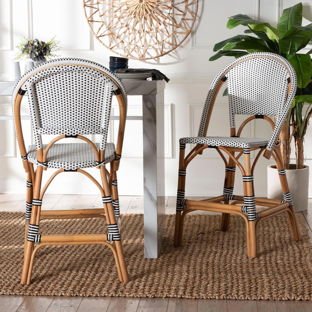 Baxton Studio Genica Counter Stool with Two-Tone Black and White Weaving in Natural Rattan (Set of 2), , large