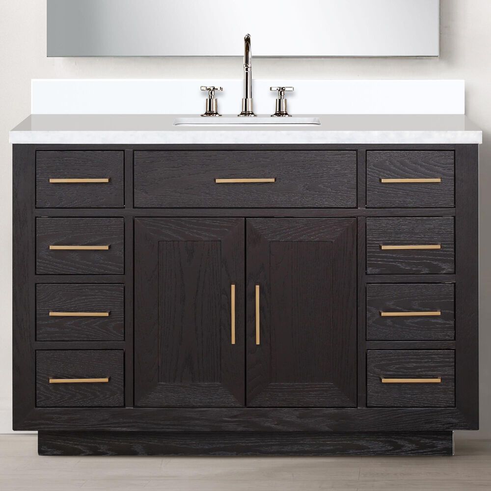 Lexora Home Abbey 48&quot; Single Bathroom Vanity in Black Oak with 2 cm White Quartz Top and Rectangular Sink, , large