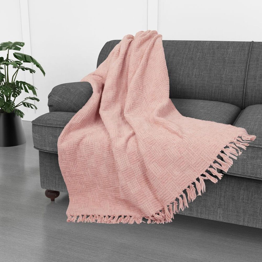 Trade Linker 50" x 70" Chenille Polyester Fringed Basket Throw in Blush, , large