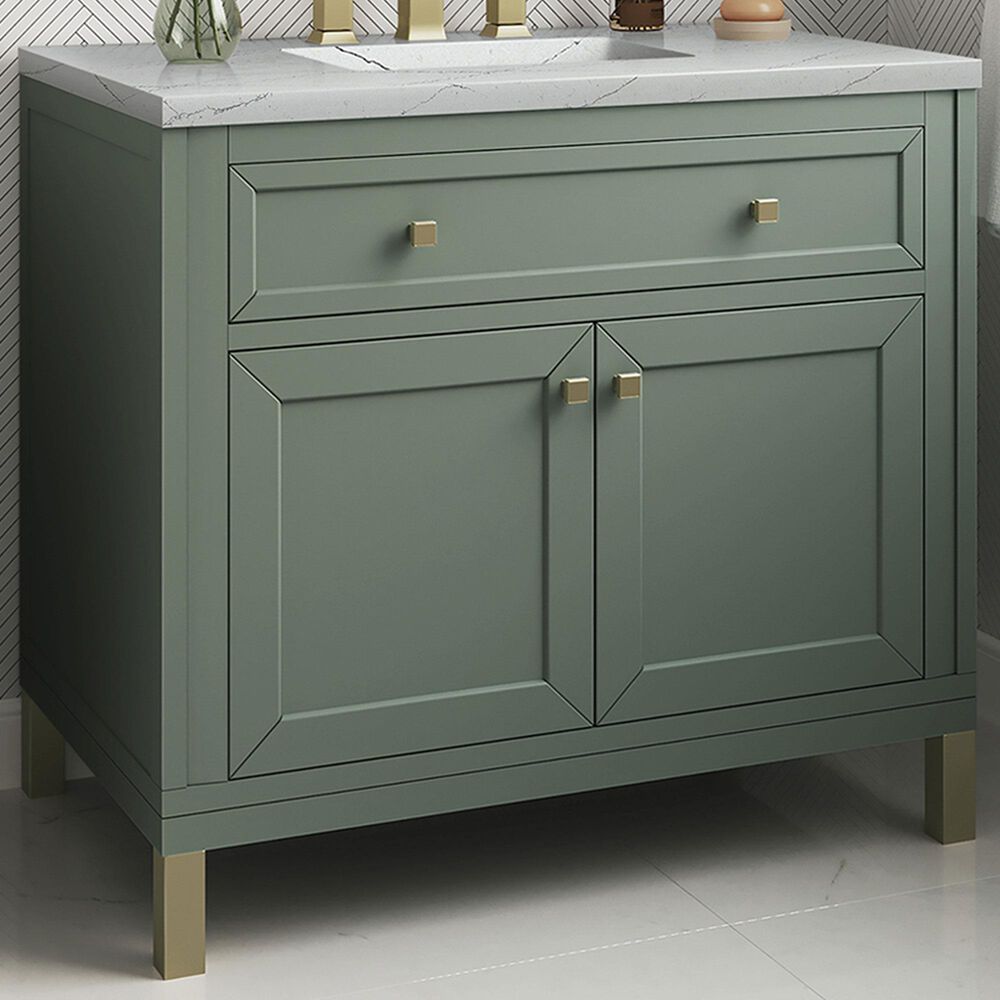 James Martin Vanities Chicago 36&quot; Single Bathroom Vanity in Smokey Celadon with 3 cm Ethereal Noctis Quartz Top and Rectangular Sink, , large