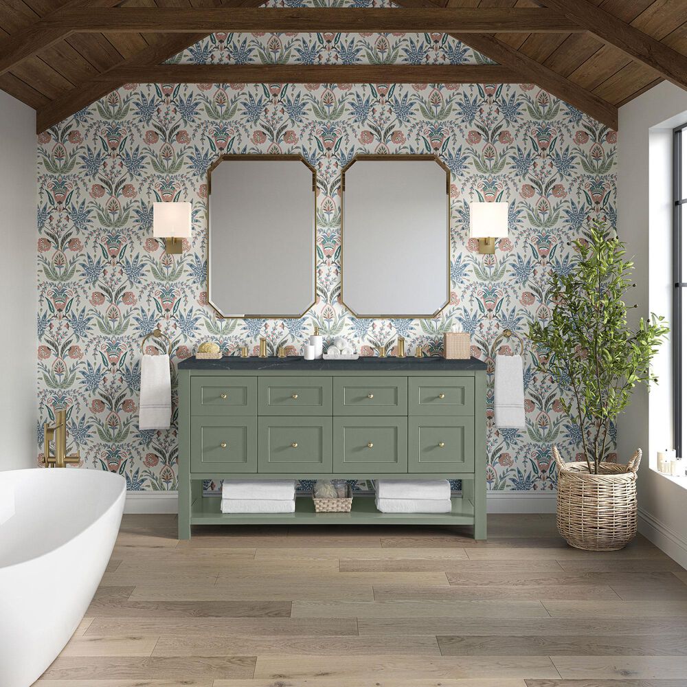 James Martin Vanities Breckenridge 60&quot; Double Bathroom Vanity in Smokey Celadon with 3 cm Charcoal Soapstone Quartz Top and Rectangular Sinks, , large