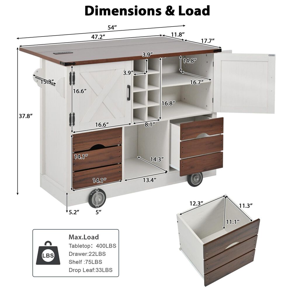 HOMLUX 54" Kitchen Island with Drop Leaf in White, , large