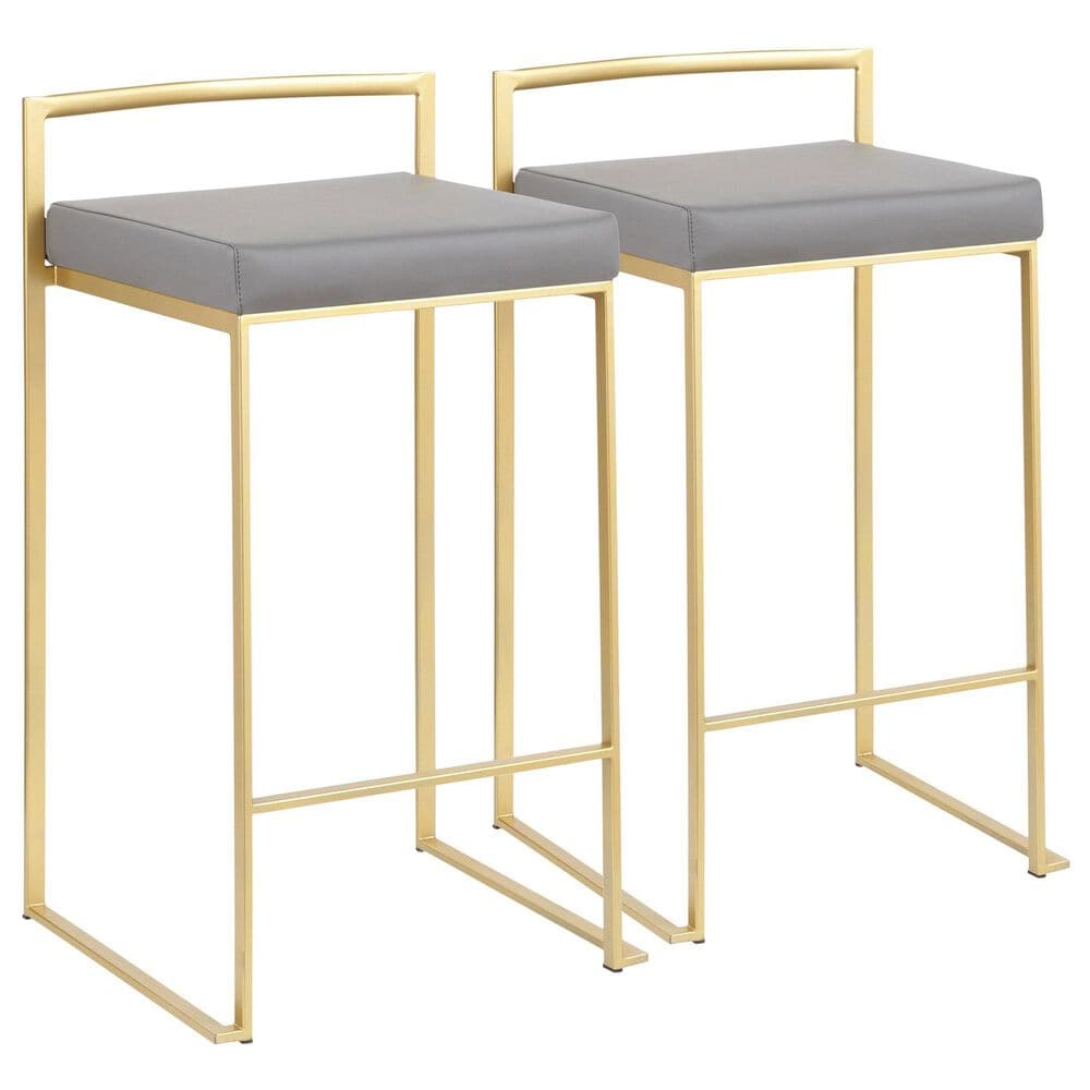 Lumisource Fuji Stackable Counter Stool with Grey Faux Leather Cushion in Gold (Set of 2), , large