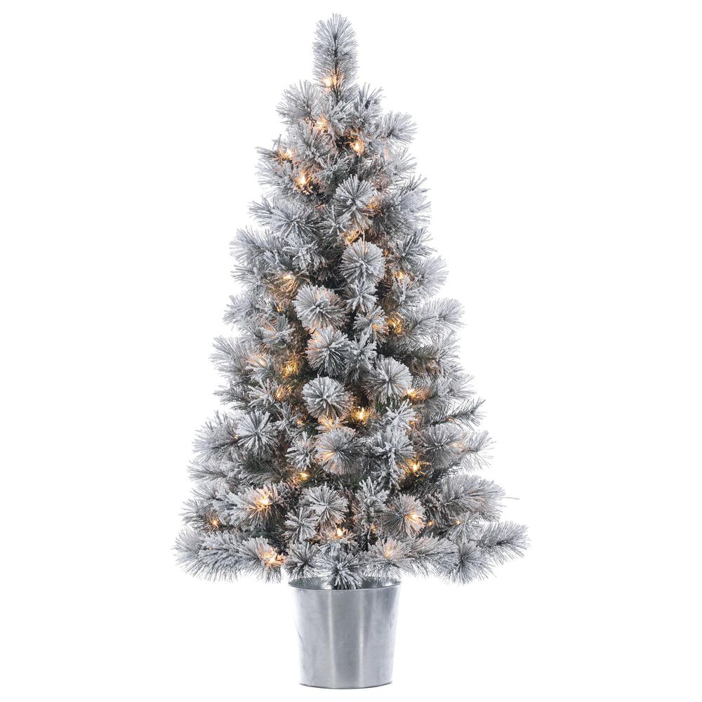 The Gerson Company 4.5" Potted Pre-Lit Flocked Pine Artificial Needle Boise Pine with White Lights in Green, , large