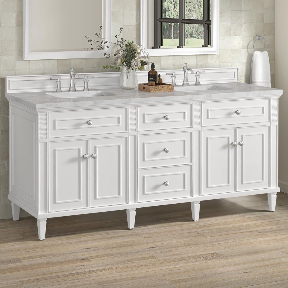James Martin Vanities Lorelai 72" Double Bathroom Vanity in Bright White with 3 cm Eternal Jasmine Pearl Silestone Top, Rectangular Sinks and FreePower Wireless Charger, , large