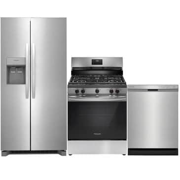 Frigidaire 3 Piece Kitchen Package with 22.3 Cu. Ft.  33" Standard Depth Side by Side Refrigerator, 30" Freestanding Gas Range with Quick Boil Burner, and 24" Built-In Dishwasher with MaxDry in Stainless Steel, , large