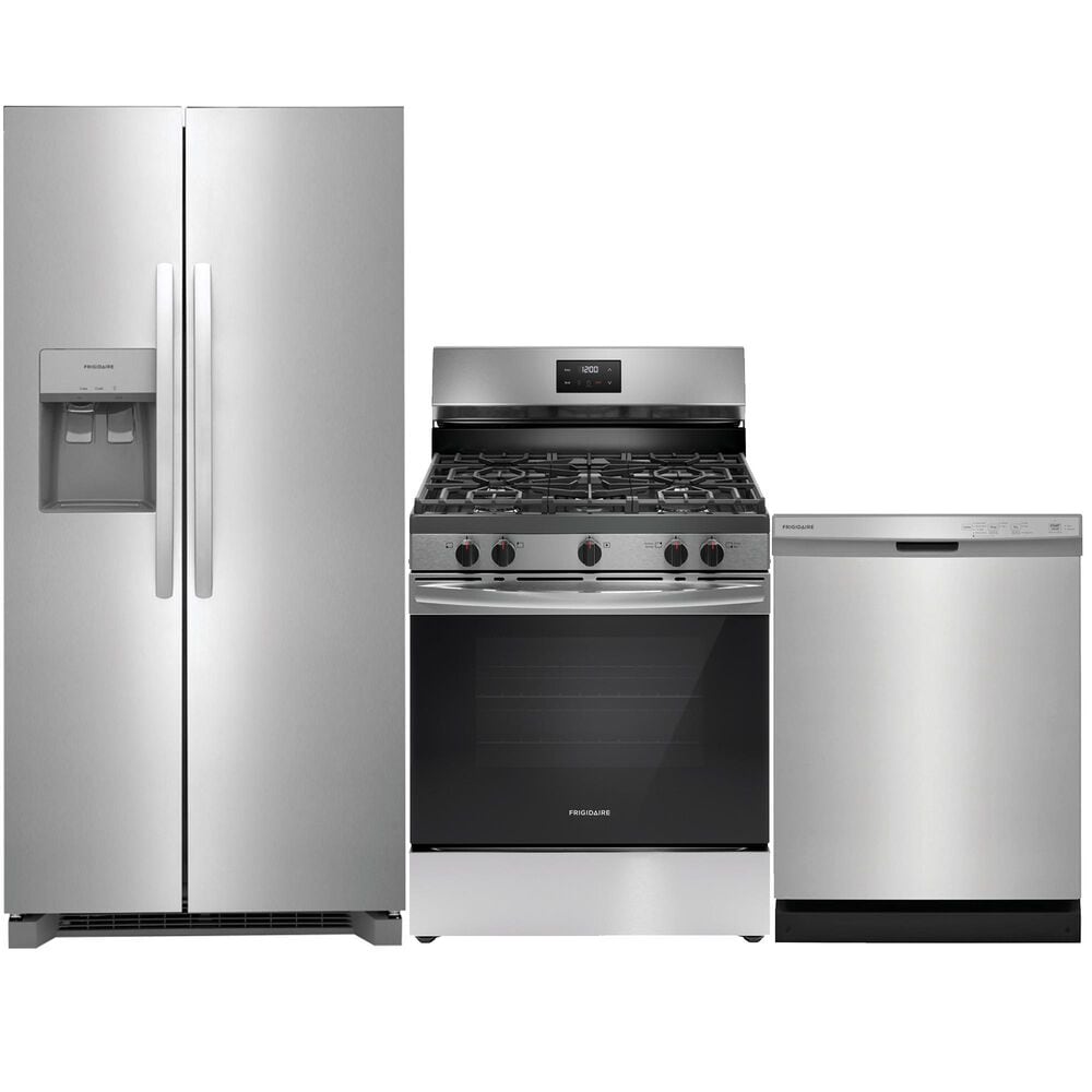 Frigidaire 3 Piece Kitchen Package with 22.3 Cu. Ft. 33" Standard Depth Side by Side Refrigerator, 30" Freestanding Gas Range with Quick Boil Burner, and 24" Built-In Dishwasher with MaxDry in Stainless Steel, , large