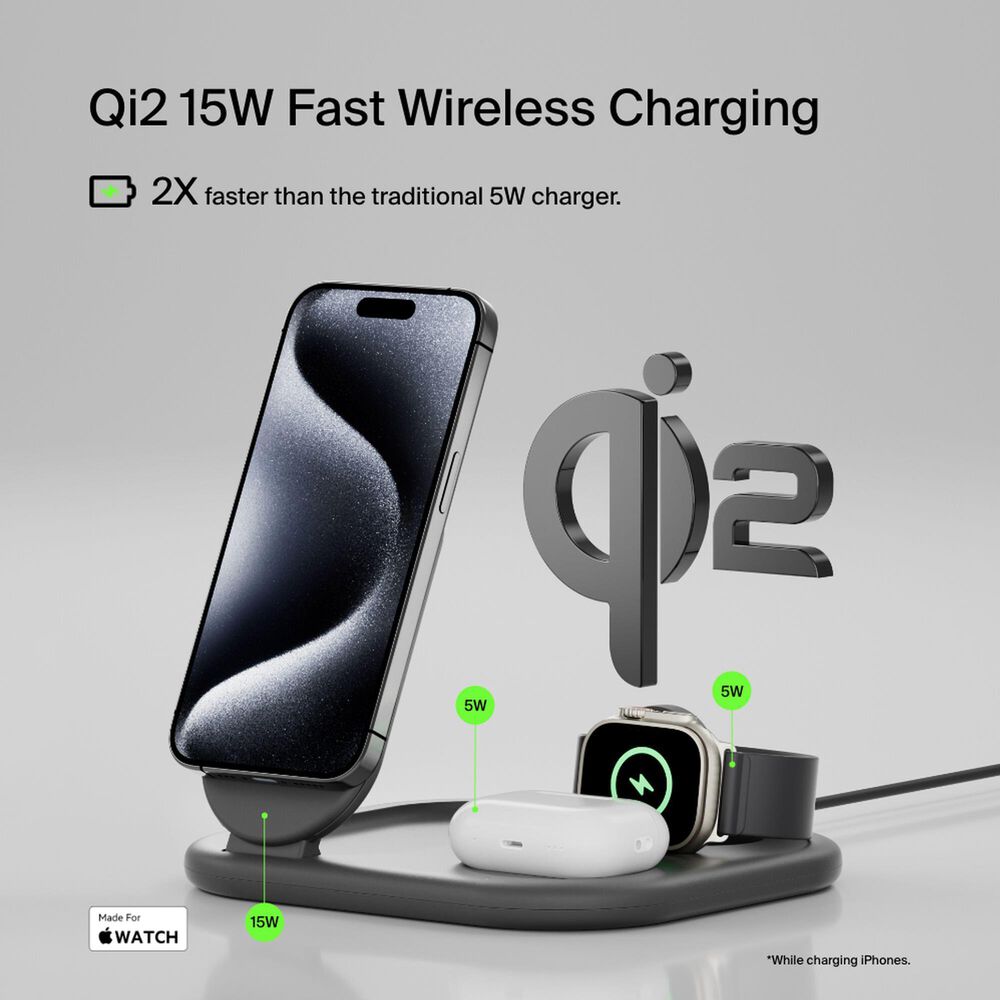 Belkin BoostCharge 3-in-1 Magnetic Foldable Wireless Charger in Black, , large