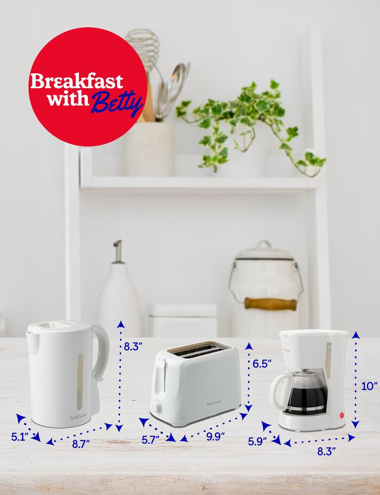 Betty Crocker 3-Piece Kitchen Appliances Set with 5-Cup Automatic Drip Coffee Maker, 1.7L Electric Kettle &amp; 2-Slice Toaster, and STRIX Technology Kettle in White, , large