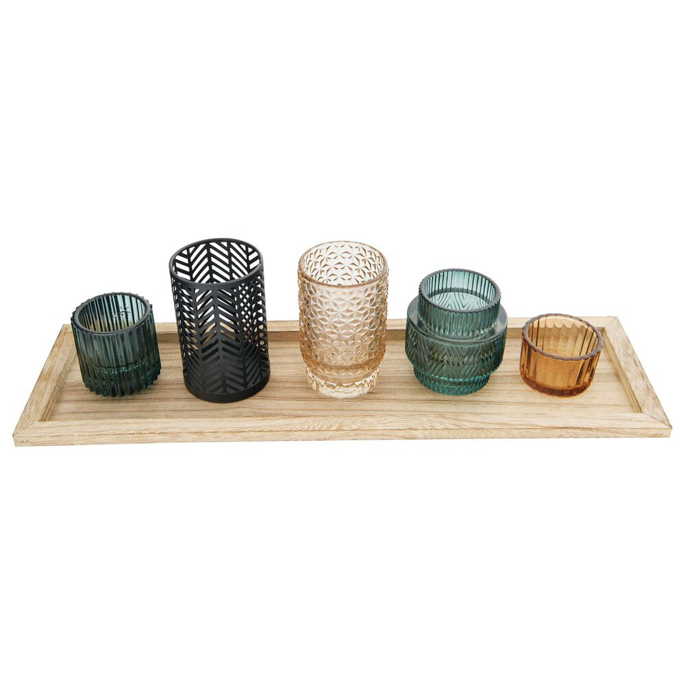 Creative Coop 6-Piece Embossed Candle Holder with Tray Set in Multicolor, , large