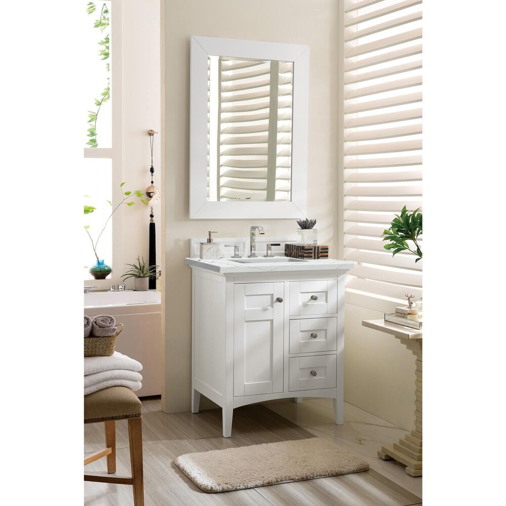 James Martin Vanities Palisades 30&quot; Single Bathroom Vanity in Bright White with 3 cm Ethereal Noctis Quartz Top and Rectangular Sink, , large