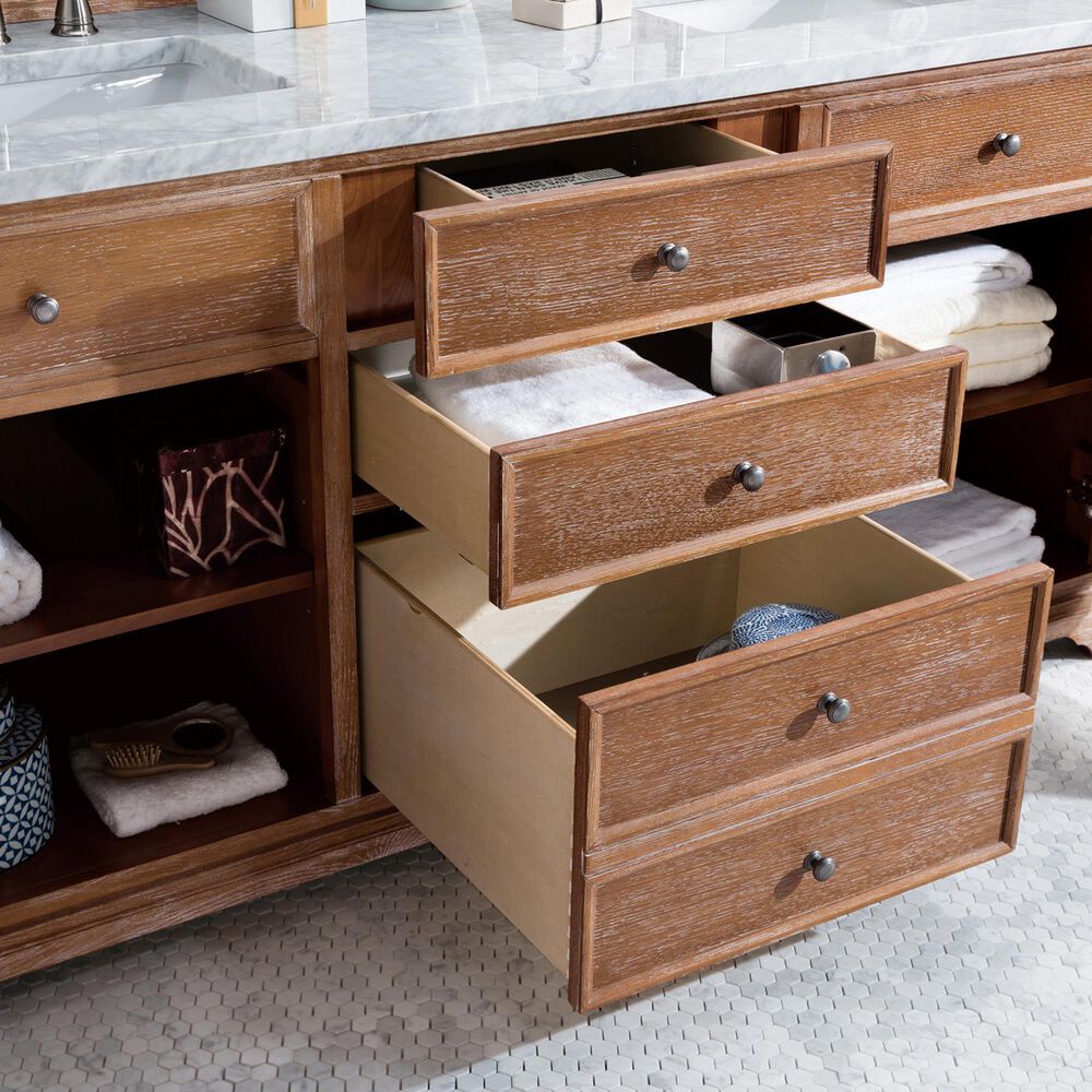James Martin Vanities Savannah 72&quot; Double Bathroom Vanity in Driftwood with 3 cm Carrara White Marble Top and Rectangular Sinks, , large