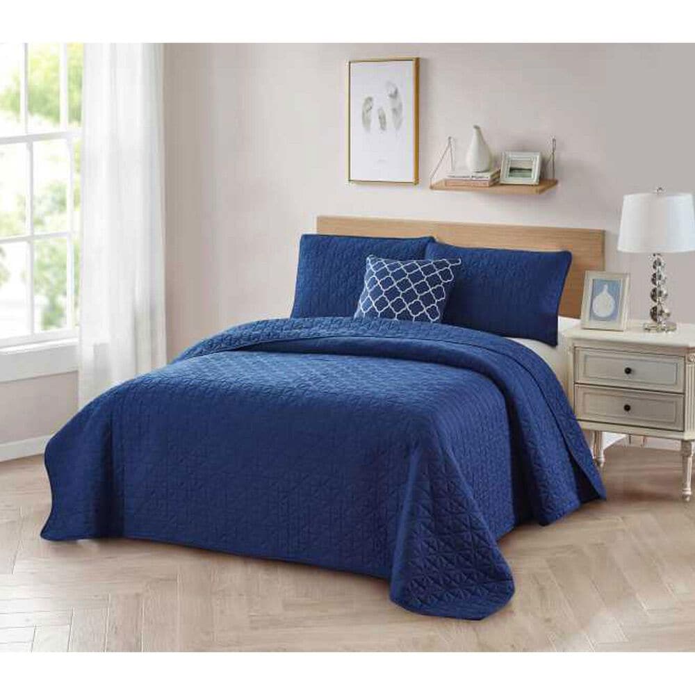 Trade Linker 4-Piece Full/Queen Solid Quilt Set with Cushion in Navy, , large
