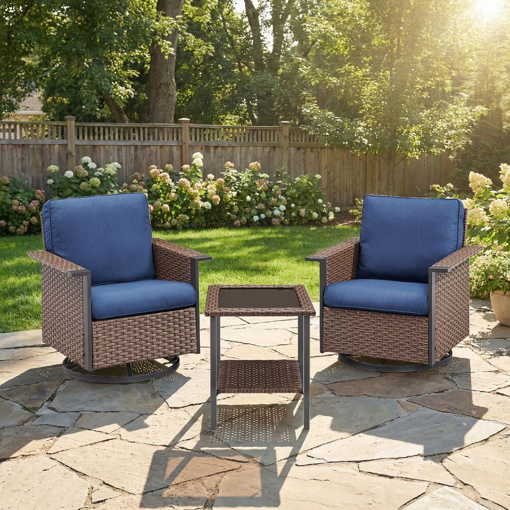 Sunwell Garden Patio Swivel Glider Chair with Brown Frame and Square Armrests in Navy (Set of 2), , large