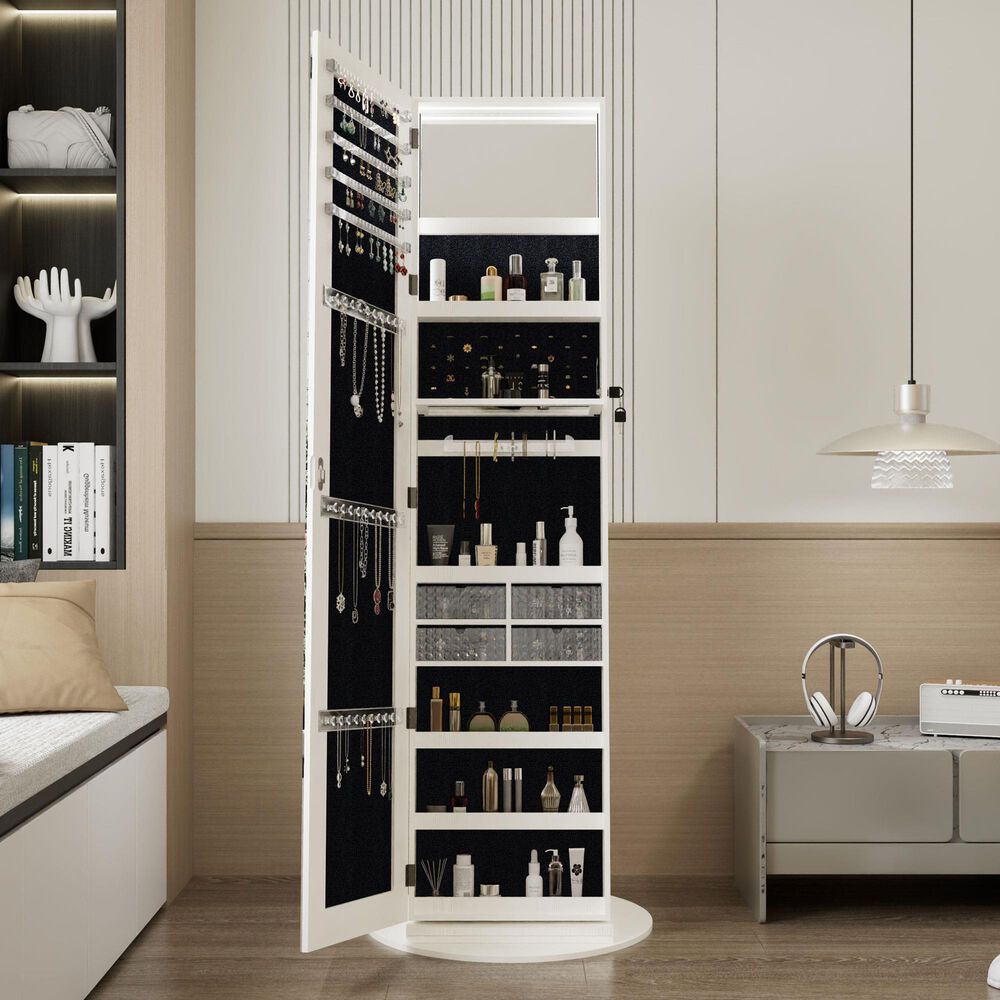 GigaCloud Swivel Jewelry Cabinet with Full Length Mirror and Locking Mechanism in White, , large