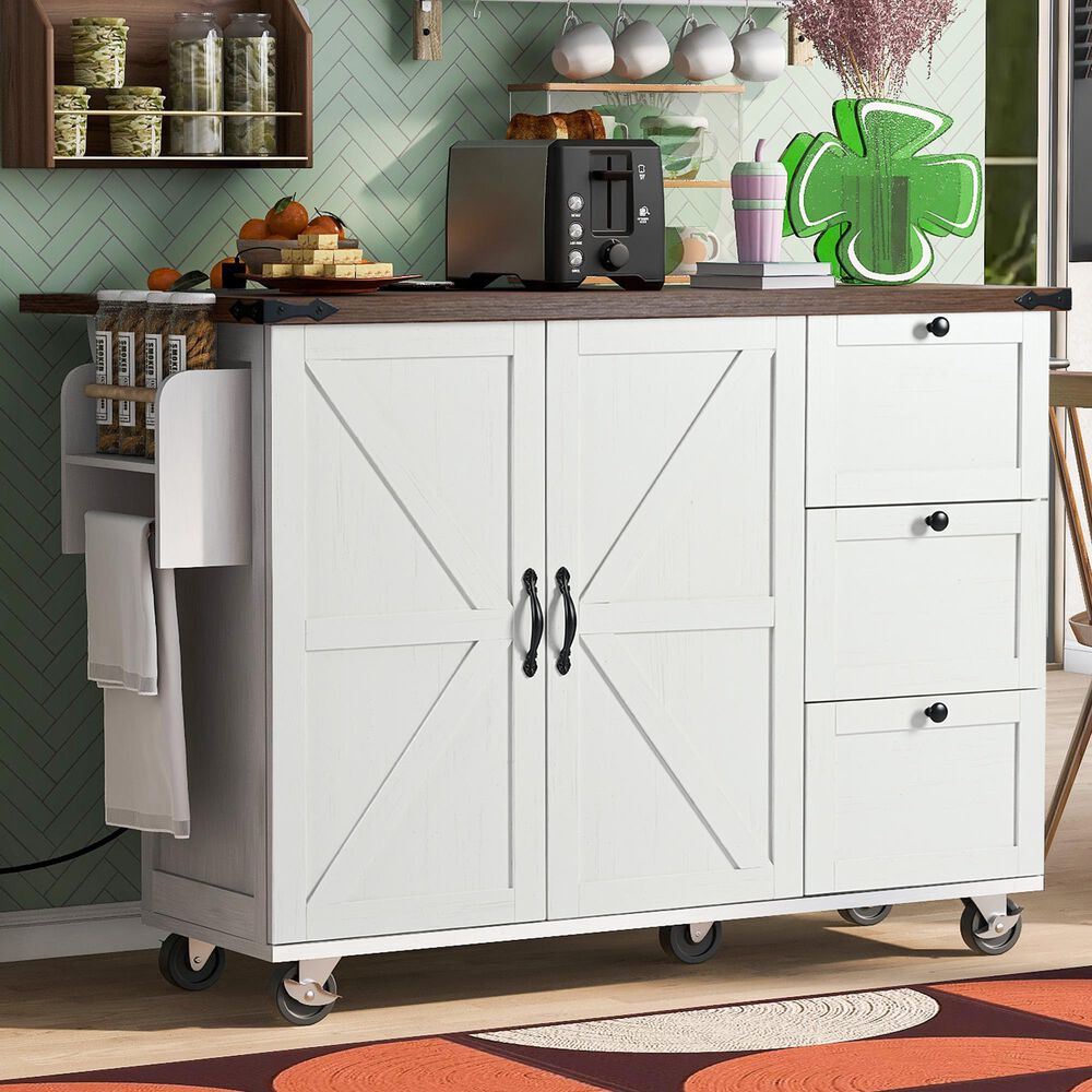 HOMLUX 55" Farmhouse Kitchen Island with Power Outlet in White, , large