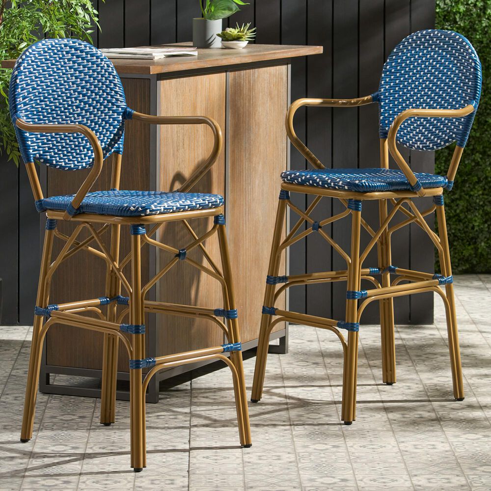 Hearth and Haven Outdoor Wicker Bar Stool with Footrest in Bamboo Print and Navy Blue (Set of 2), , large