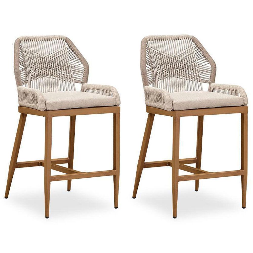HOMLUX Outdoor Counter Stool with Teak Frame in Grey and Beige (Set of 2), , large