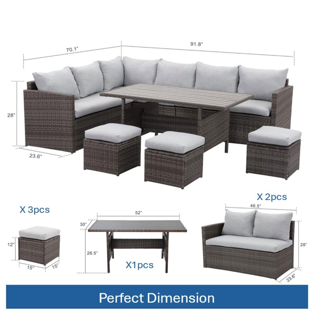 Hearth and Haven 7-Piece Outdoor Dining Set with Grey Cushion in Brown, , large