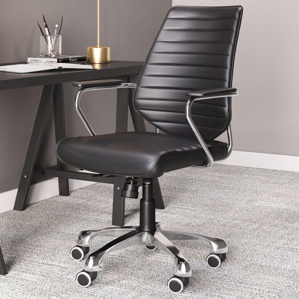 Zuo Modern Enterprise Low Back Office Chair with Black Faux Leather in Chrome, , large
