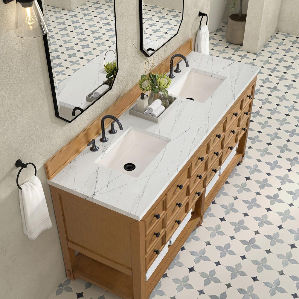 James Martin Malibu 72&quot; Double Bathroom Vanity in Amber Birch with 3 cm Ethereal Noctis Quartz Top and Rectangular Sinks, , large