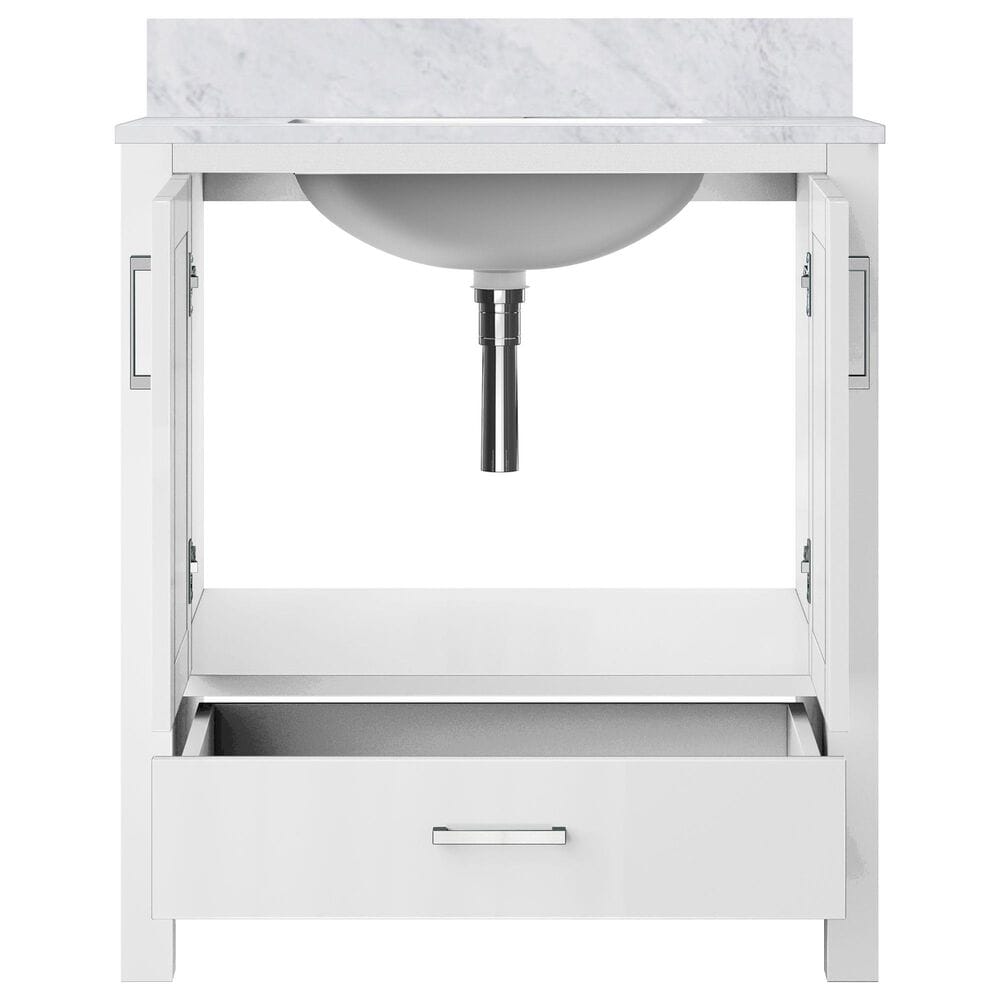 Lexora Home Jacques 30&quot; Single Bathroom Vanity in White with 2 cm White Carrara Marble Top and Rectangular Sink, , large