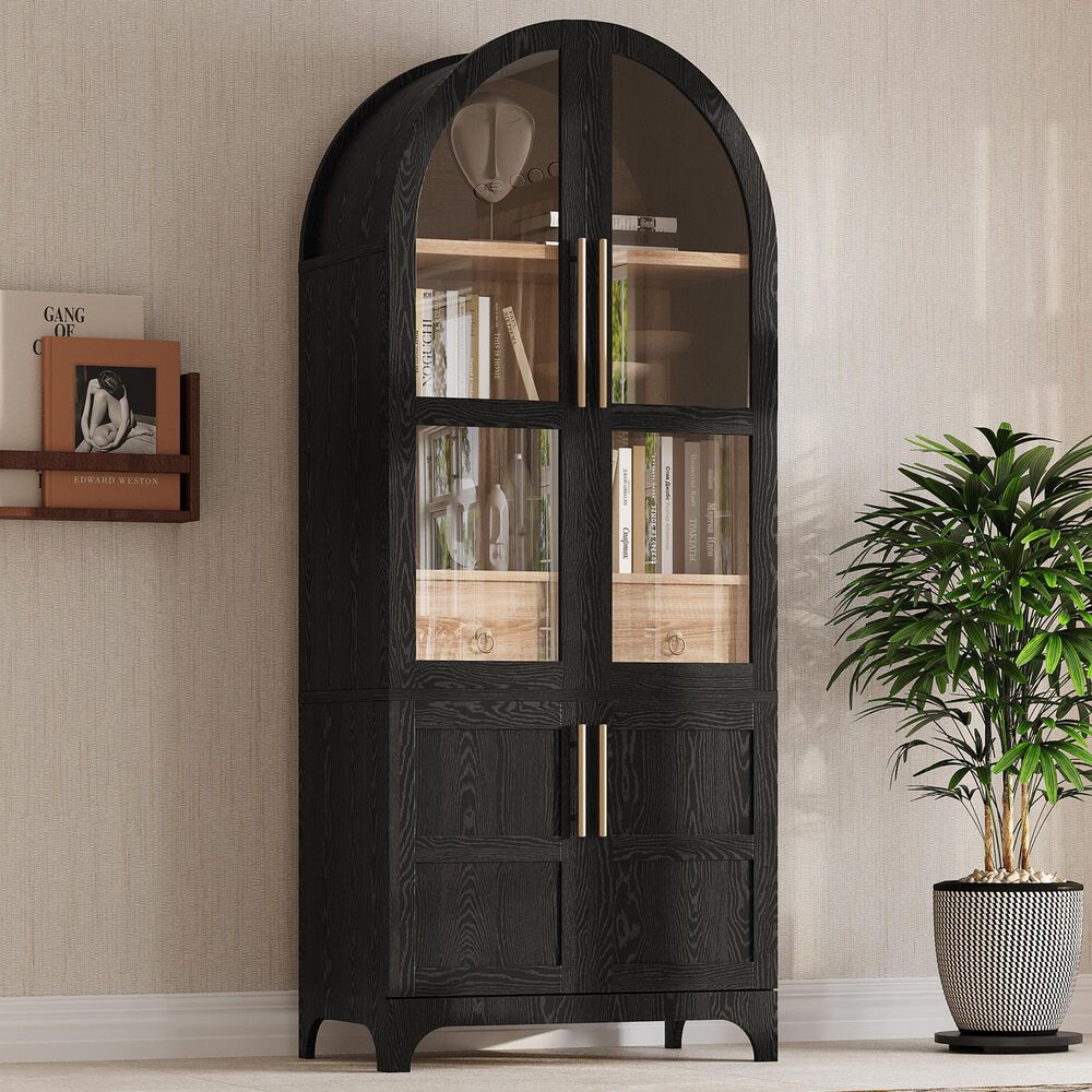 HOMLUX HOMLUX 71" Tall Arched Kitchen Pantry Cabinet with Door Shelves, Farmhouse Kitchen Storage Cabinet with Open &amp; Adjustable Shelves, Hidden Drawer &amp; Glass Door, Cupboard for Kitchen, Dining Room, Black, , large