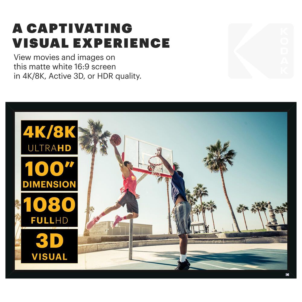 Kodak 100 Projector Screen, Fixed Frame Projector Screen with Velvet Frame &amp; Wall Mount Kit, , large