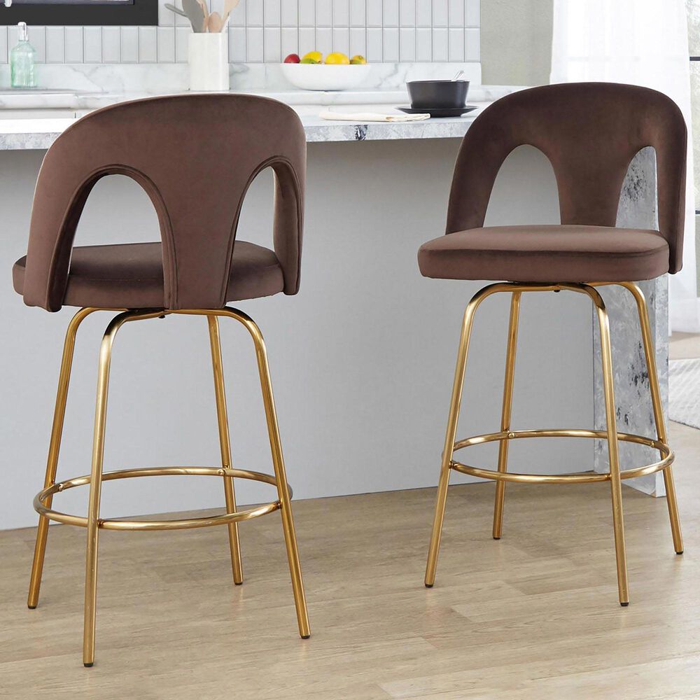 LumiSource Ava Swivel Counter Stool with Espresso Velvet Upholstery in Gold (Set of 2), , large