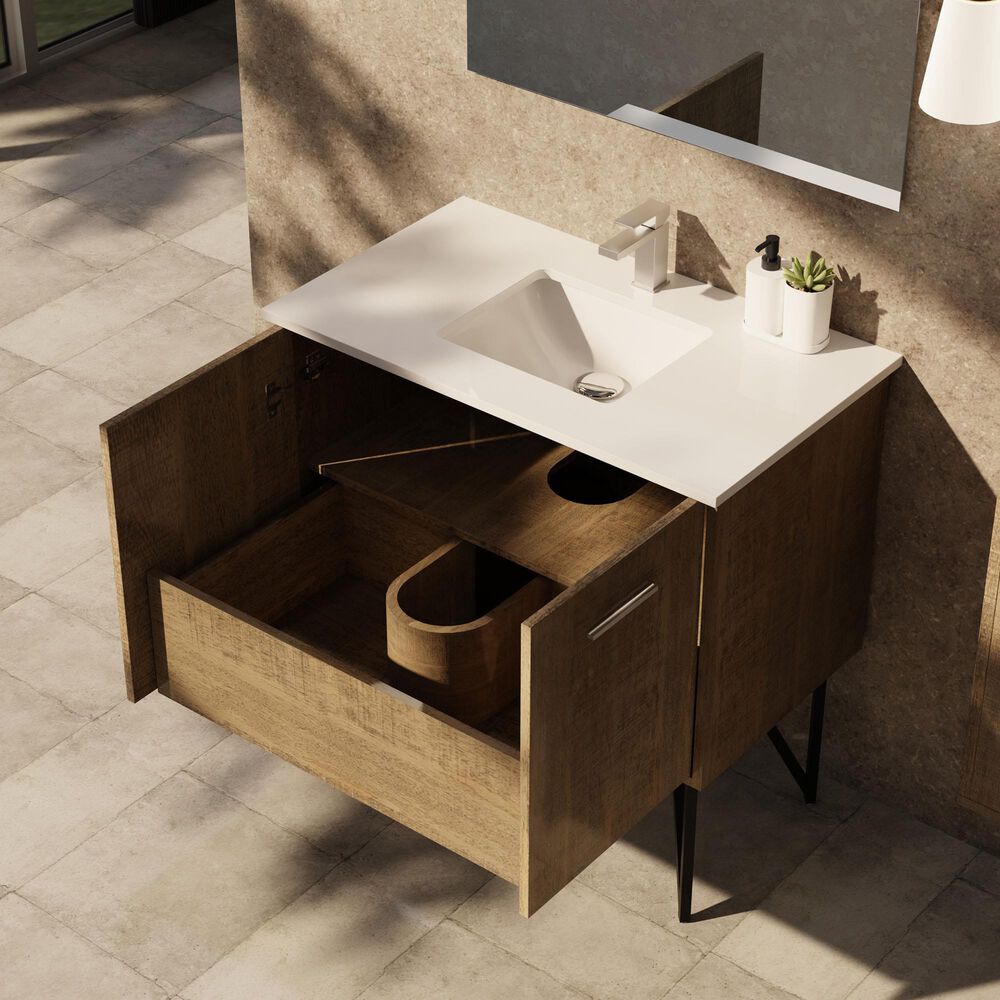 Lexora Home Lancy 36&quot; Single Bathroom Vanity in Rustic Acacia with 2 cm White Quartz Top and Rectangular Sink, , large